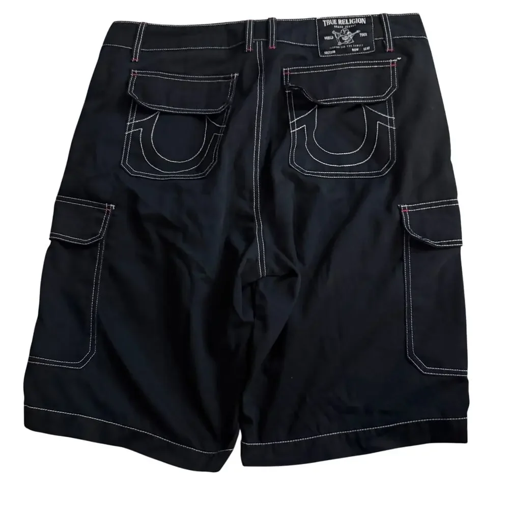 True Religion Black Cargo Shorts Contrast Stitch Size 36 Y2K